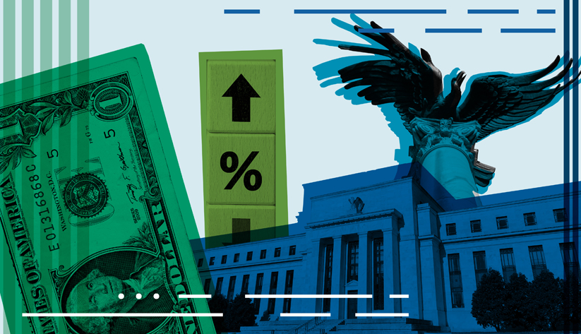 Illustration including green dollar bill, Board of Governors building, and Atlanta Fed eagle sculpture