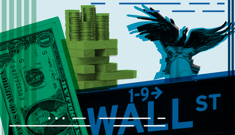 Illustration with green dollar bill, stacks of coins and bars, and an eagle statue