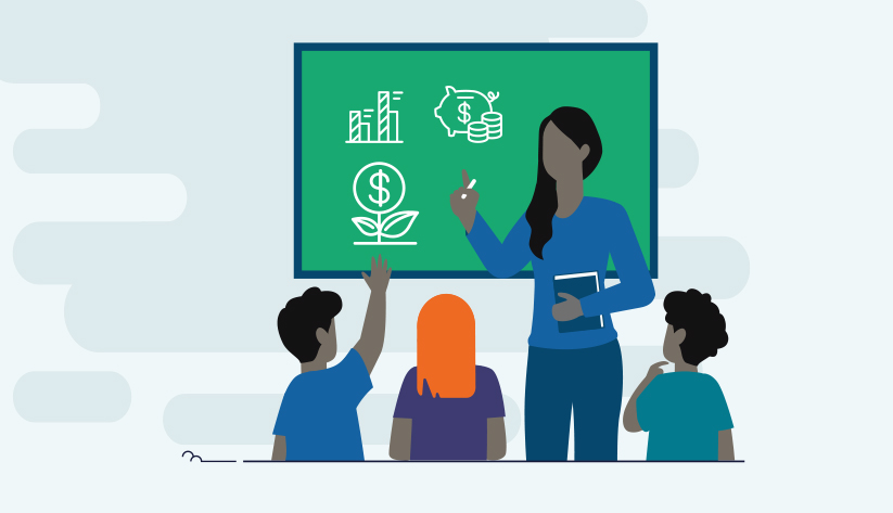 teacher standing at a chalkboard with finance-related images as student raises hand
