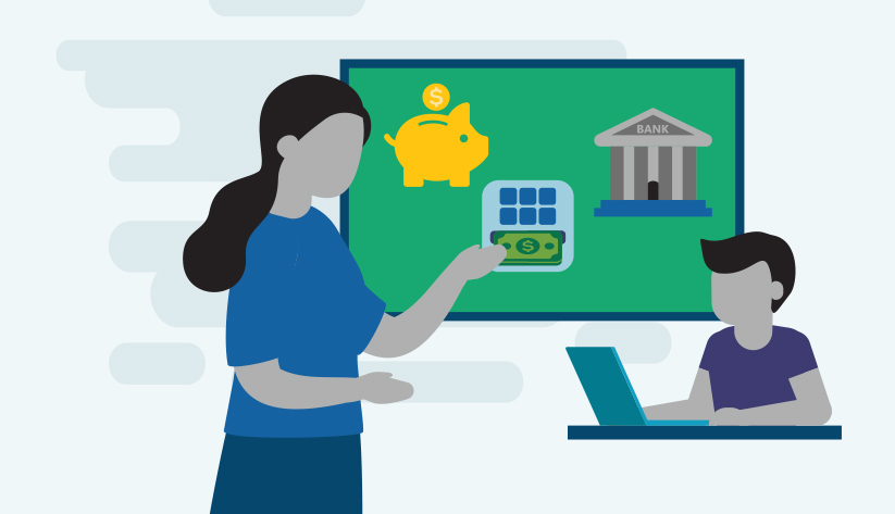 teacher pointing to money financial symbols on chalkboard to student on laptop