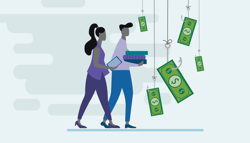 two people carrying books and tablet with bills attached to fishing hooks hanging from sky