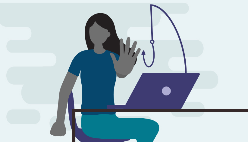 female sitting at table with fishing hook above her laptop and hand up in stop position