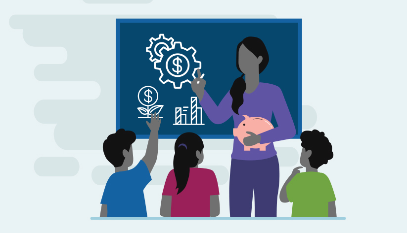 students in front of teacher holding piggy bank pointing to financial symbol drawings