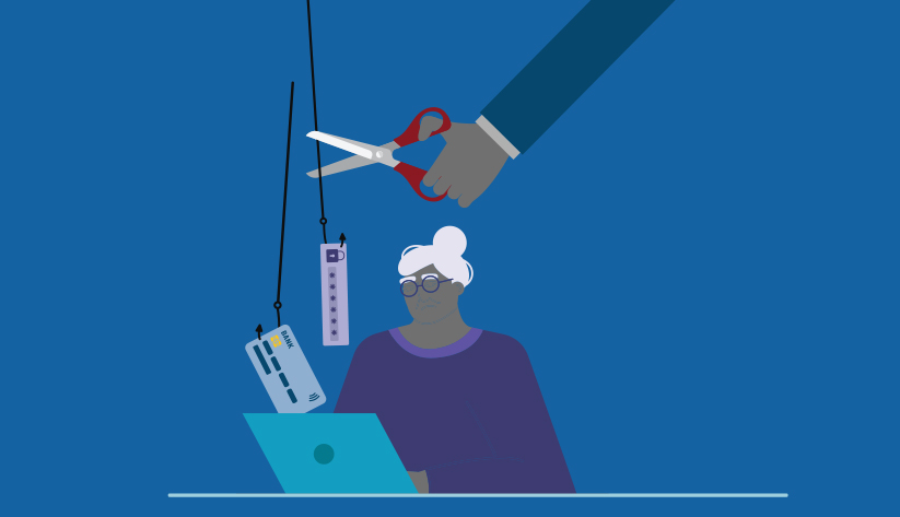 illustration of elderly woman with a bun underneath 'phishing' lines and hooks with hand swooping in from above using scissors to cut the lines