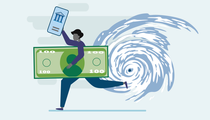 person holding giant bill and mobile phone running away from hurricane