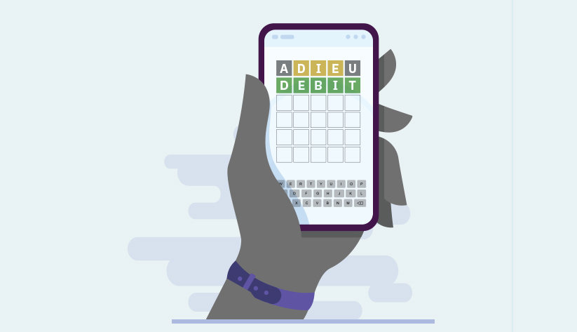 mobile phone displaying daily wordle game answer debit