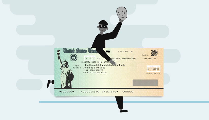masked person running away with government check