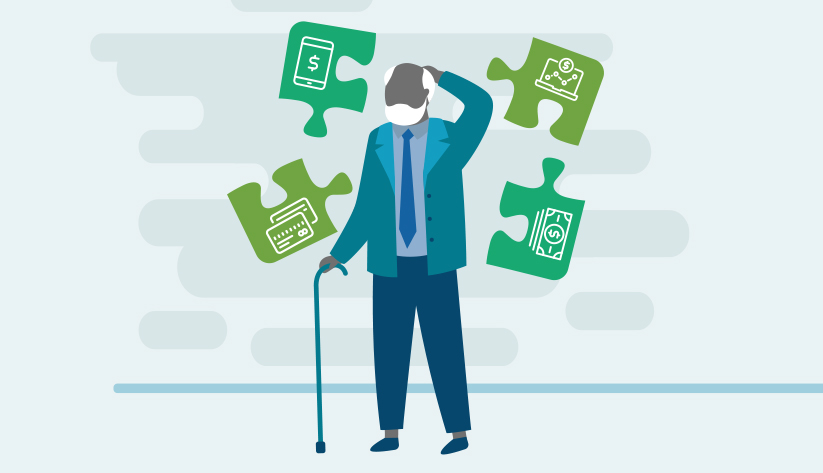 man surrounded by puzzle pieces representing different payment methods