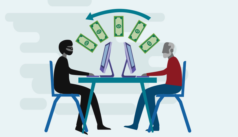 person sitting at computer across from masked person with dollar bills flowing away
