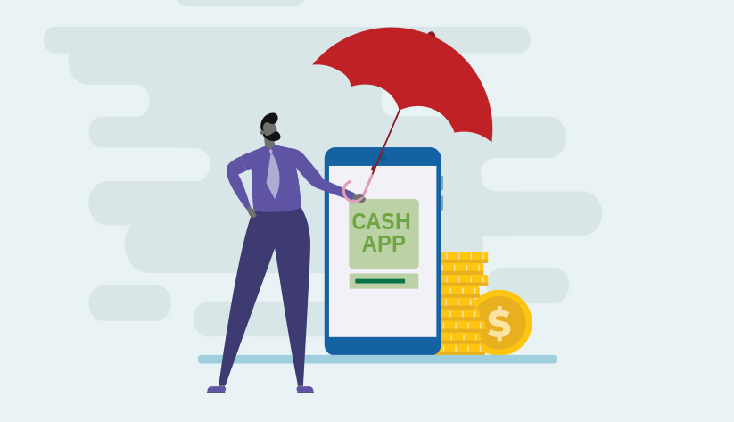 person holding umbrella over themselves and a mobile with words 'cash app' on it