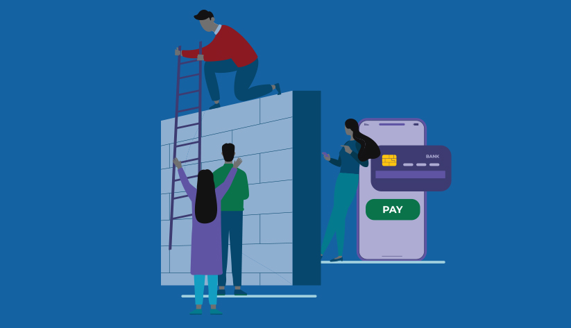 illustration of a group of individuals using a ladder to scale a wall on whose other side is a person standing next to a disproportionately large mobile device reading 'pay' with a payment card laying on top of it