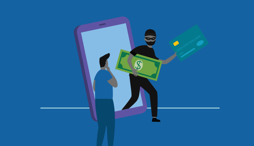 Illustration of a person with hand on chin seemingly pondering looking at person dressed seemingly as a thief walks out of a mobile phone with a dollar bill and a payments card.