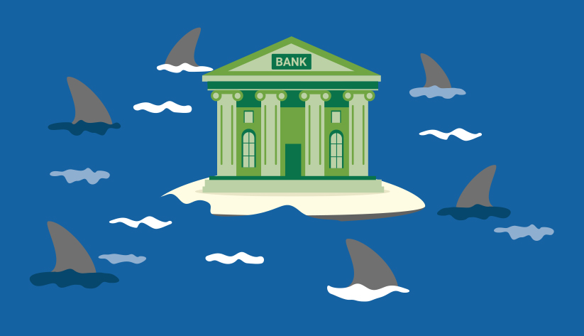 illustration of classical Greek building with word 'Bank' on it in middle of shark-infested waters