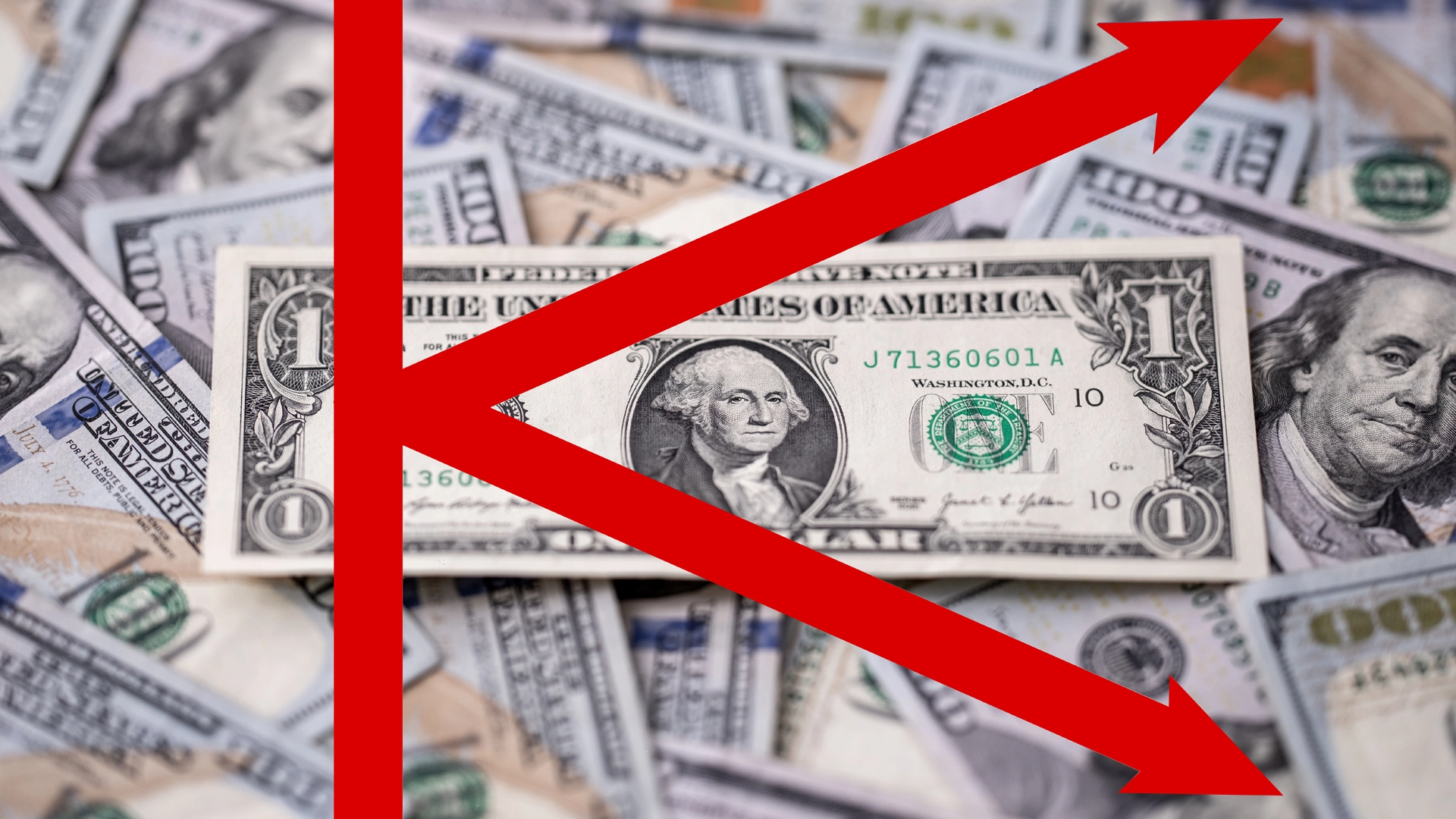 K-shaped red trajectory lines denoting chart overlaying American paper currency