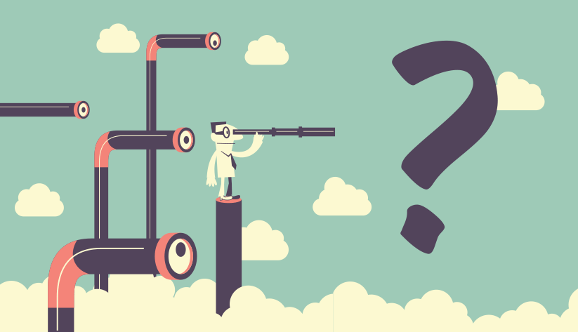 illustration of several telescopes, one with a man peering through it, all looking at a giant question mark to the right of the image