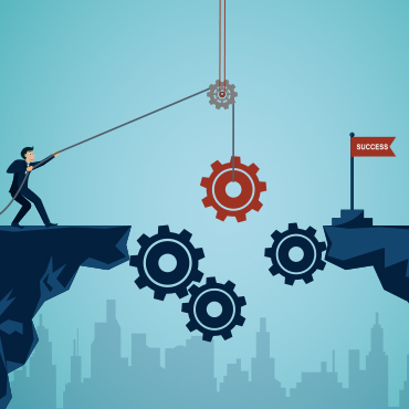 man lowering gears to create bridge across cliff to success