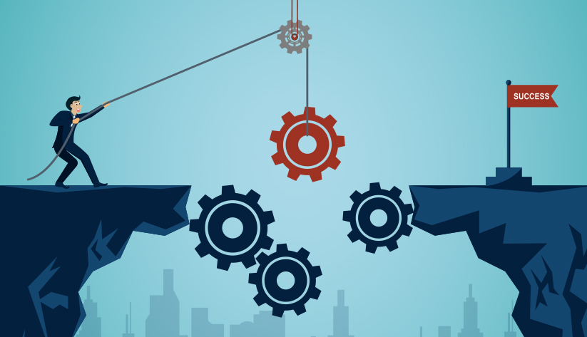 man lowering gears to create bridge across cliff to success