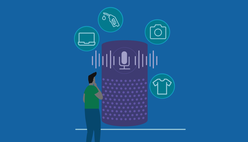 Illustration of a person standing in front of a large mobile speaker with image bubbles around it of a book, gas nozzle, camera and shirt