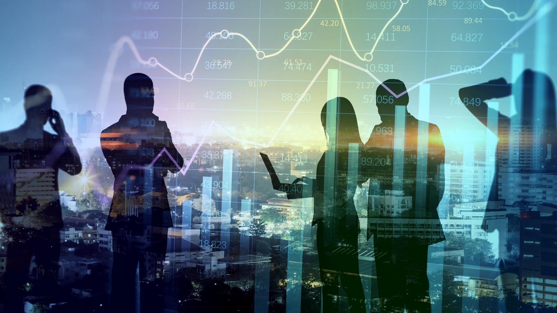 people standing in front of data charts and stock numbers