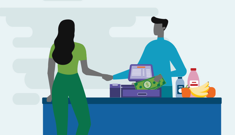 clerk shaking hands with customer while customer sneaks cash from register