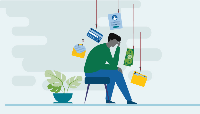 person sitting on stool surrounded by fishing hooks with money, credit cards, and passwords
