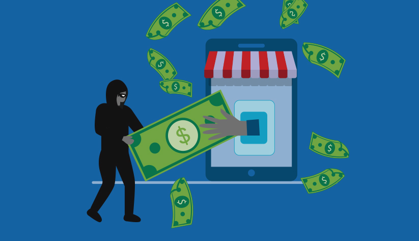 person presumably representing thief pulling on disproportionately-sized dollar bill emanating from a mobile device with an awning on it to represent store front