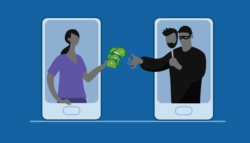 Illustration person emitting from mobile phone screen handing over dollars to person dressed as a presumed thief holding face mask slightly away from face.