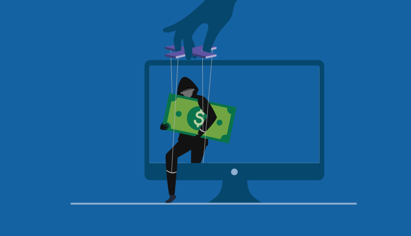 presumed thief emitting from a computer screen with a hand above it controlling it as if it were a marionette