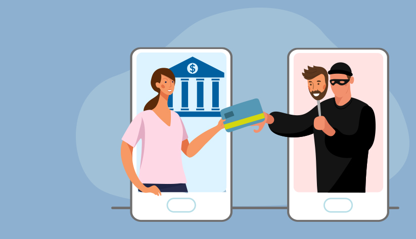 illustration of person, with classic greek building with dollar sign behind them, emerging from one mobile phone handing over presumed payment card to person emergeing from another mobile phone holding face mask on a stick in front of them front of one mobile phone
