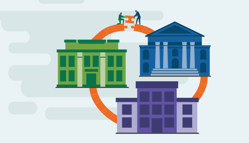 two people building cycle of three government buildings