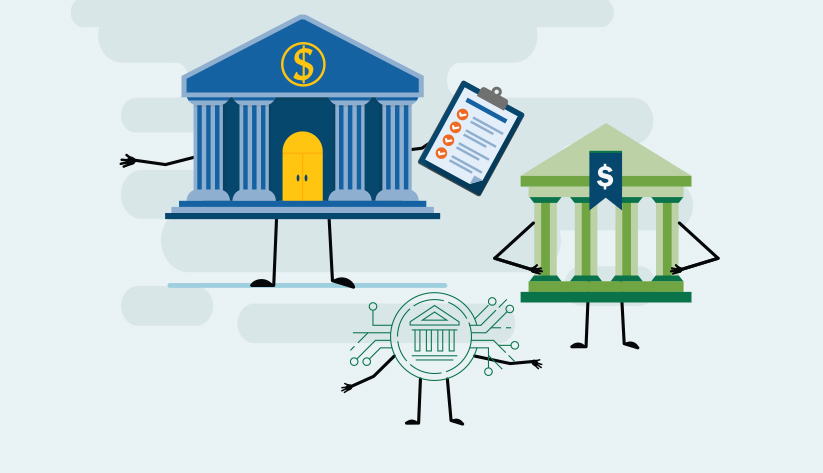 anthropomorphic classical Greek government building holding clipboard with other building and microchip