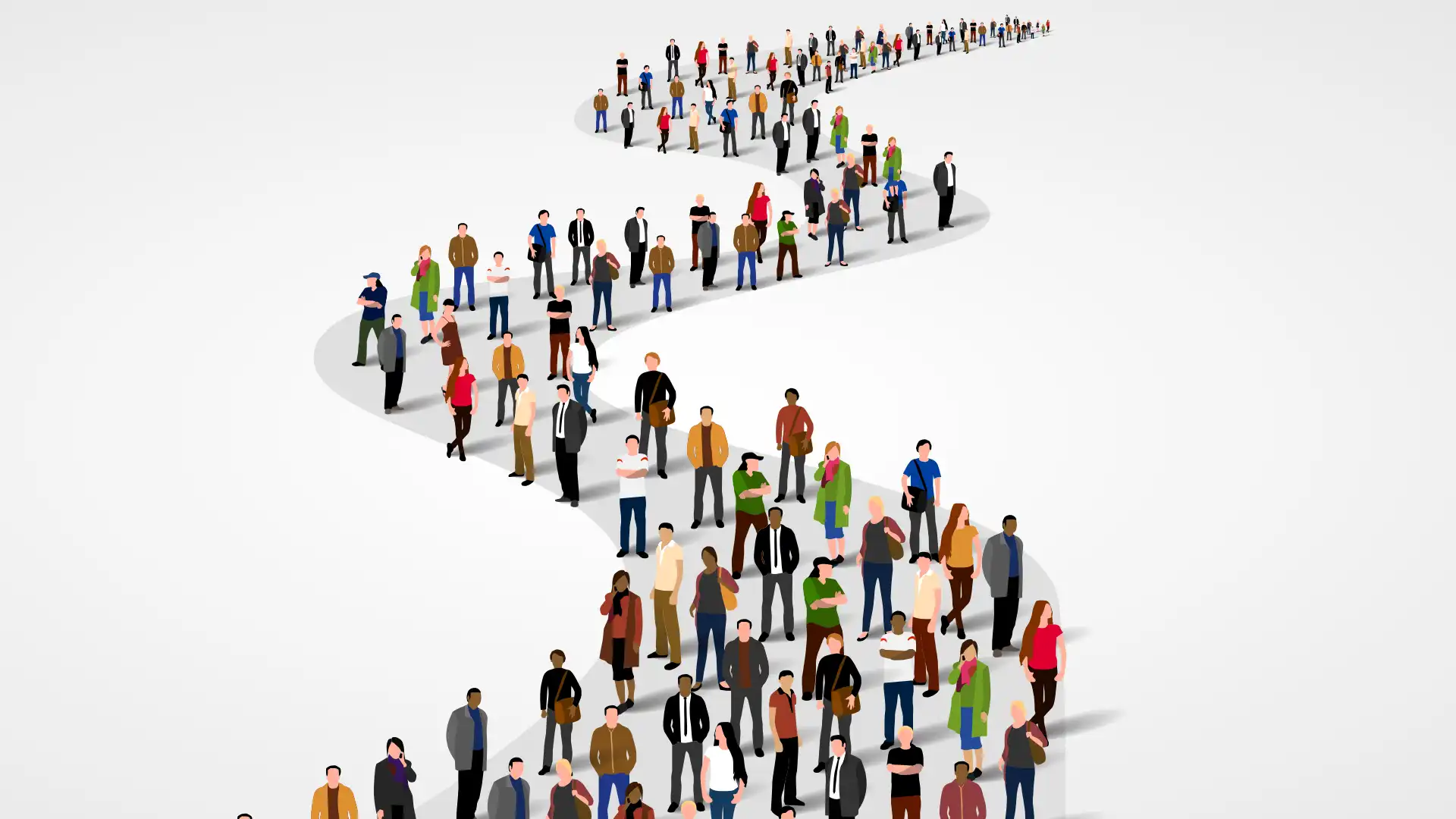 Illustration of people standing in a long curving line