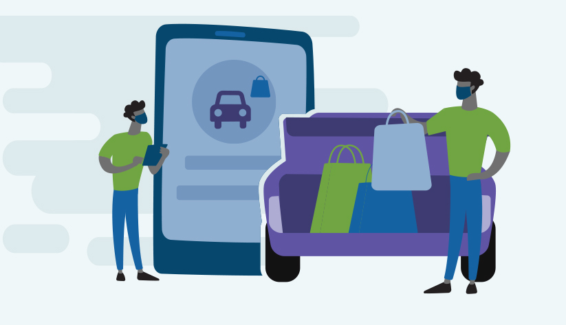 person removing shopping bags from car trunk with another person standing by with clipboard