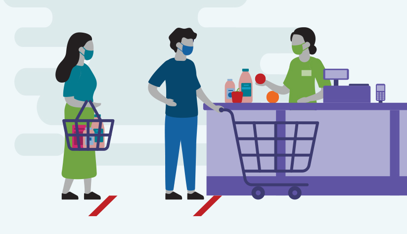 masked person at grocery store checkout line while masked clerk scans items