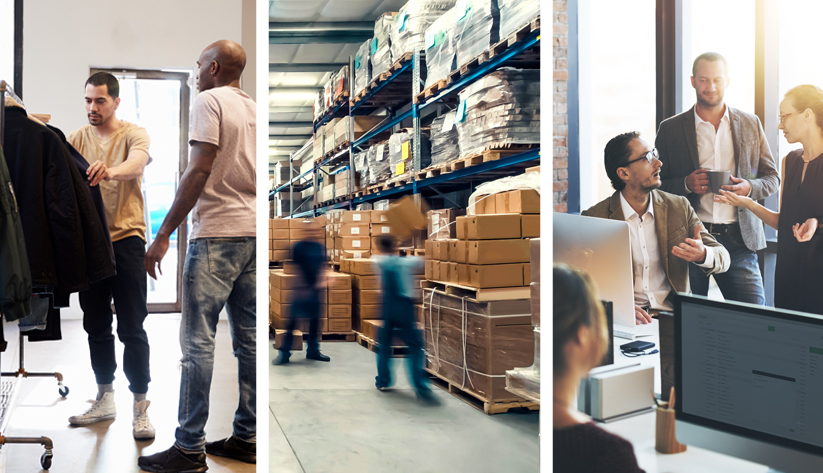 three images of retail warehouse and office meeting