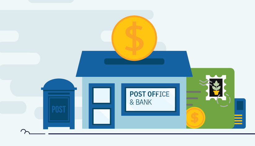 building shaped like coin bank that says post office receiving coins and mail