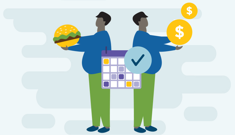 two people standing between a calendar one holding a hamburger one holding coins