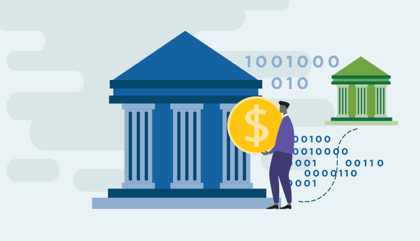 person holding a gold coin walking from one banking institution to another
