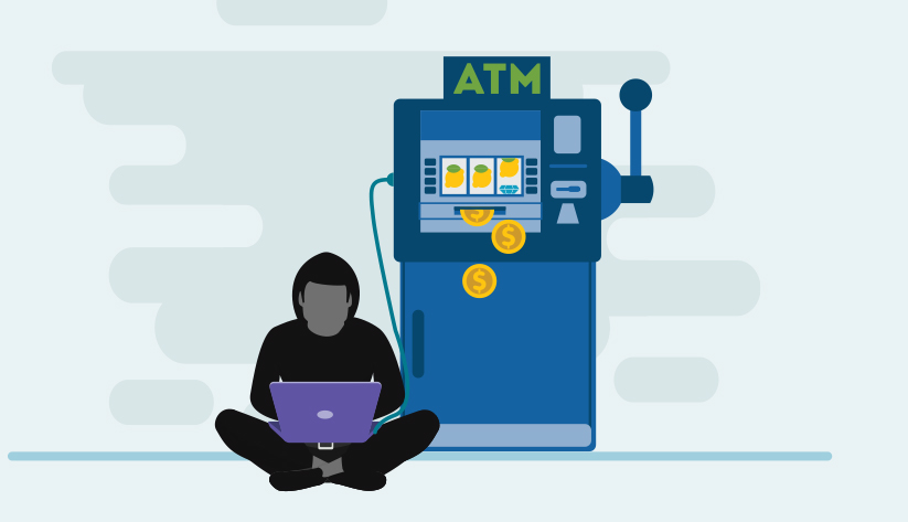 person sitting on ground next to atm with laptop connected to atm