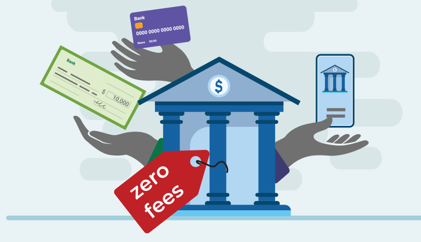 hands emerging from bank building holding credit card, check, and mobile banking app