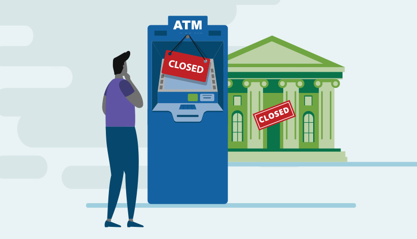 perplexed person standing in front of atm and physical bank both with hanging closed signs