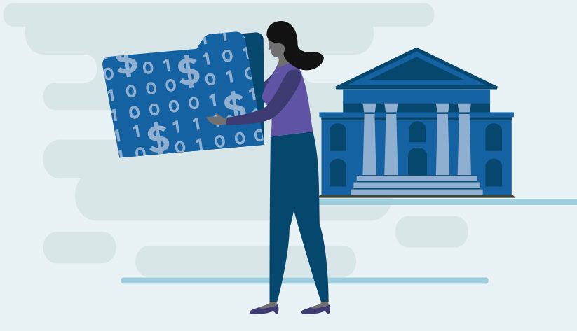 person holding folder decorated with ones, zeros, and dollar signs in front of bank building