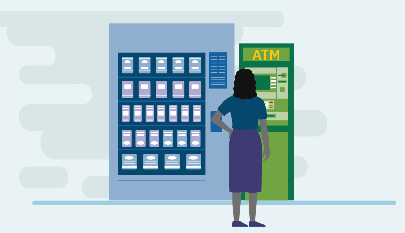 person standing in front of a vending machine next to an atm