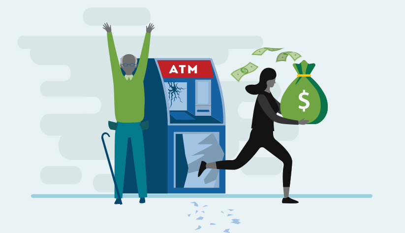 elderly person next to thief running away with bag full of cash in front of an atm