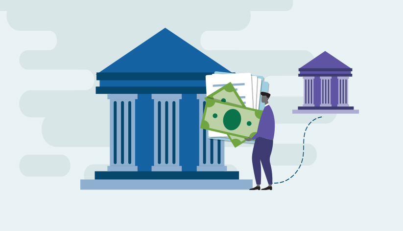 person carrying documents and dollars from one abstracted bank to another