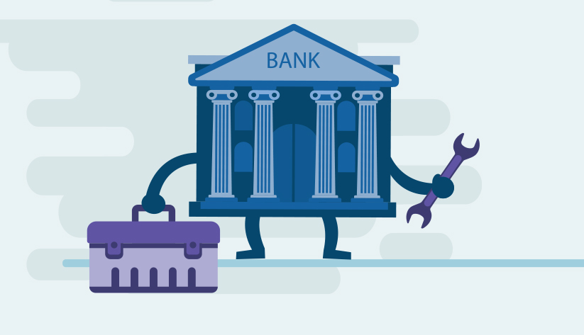 anthropomorphized bank building holding screwdriver and tool box