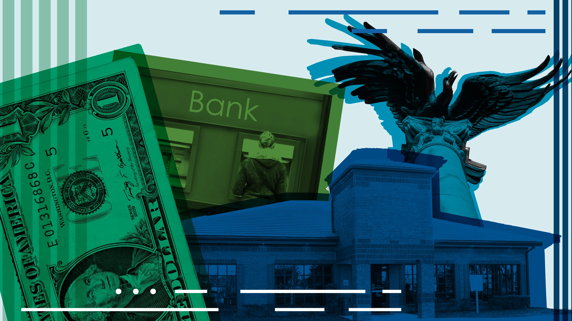 lithograph style drawing collage of dollar bill, generic bank building with a person standing before an ATM and the bank column and eagle
