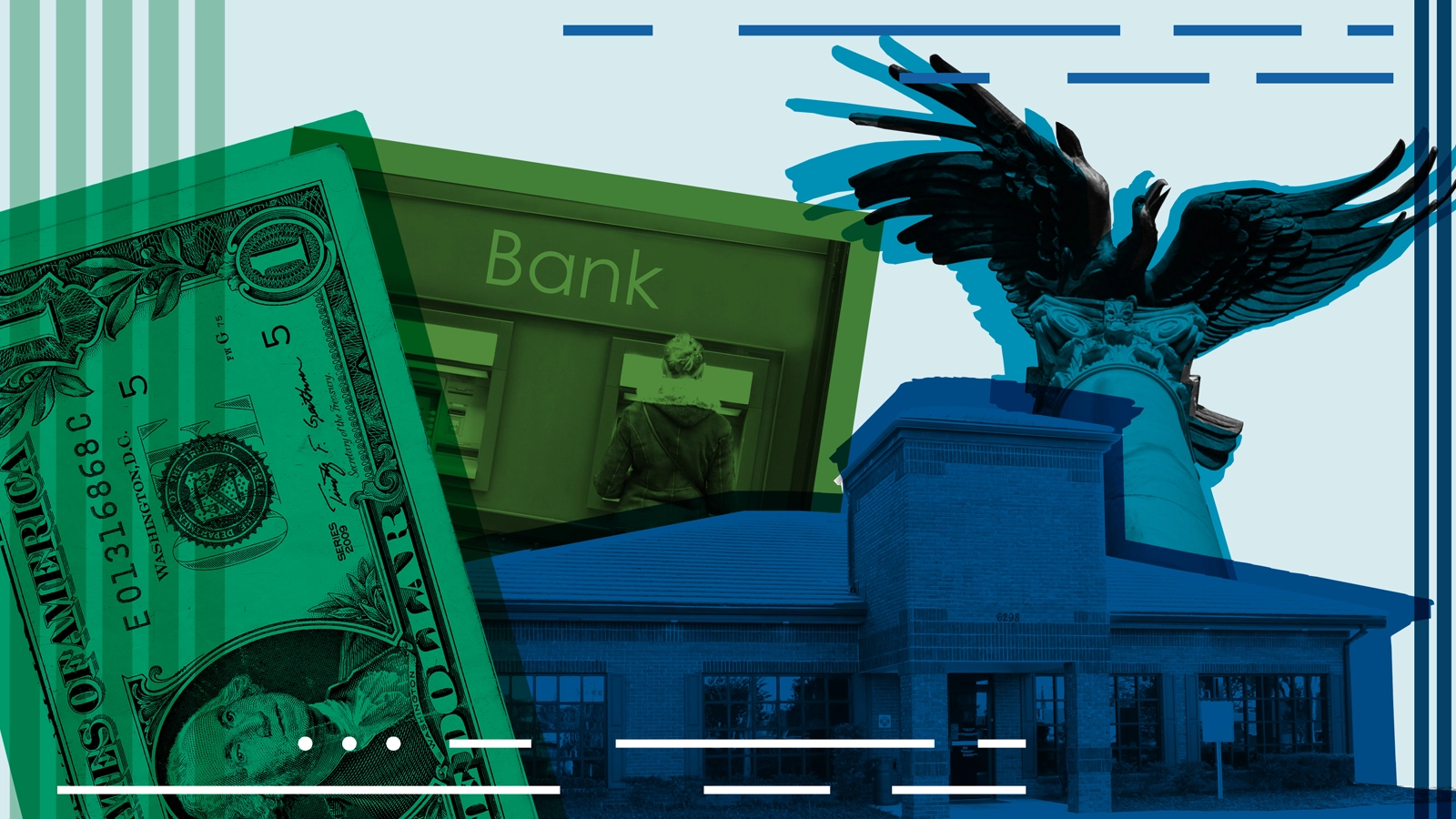 lithograph style drawing collage of dollar bill, generic bank building with a person standing before an ATM and the bank column and eagle