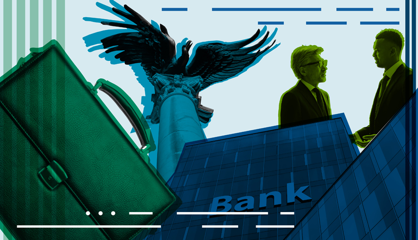 Illustration of a briefcase, Atlanta Fed eagle, bank building and two men talking