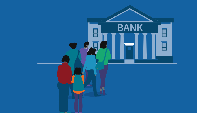 illustration of a group of a diverse group of people apparently walking to a traditional, Greek-columned bank in the background wiht the word 'bank' on it
